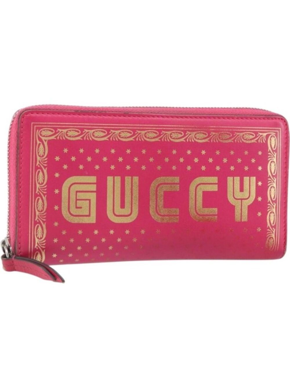 GUCCI GUCC Logo Zip Around Wallet Leather Pink Silver 524966